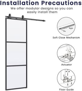 Kit de quincaillerie pour porte de grange à montage supérieur, mécanisme de fermeture douce, verre trempé transparent intérieur, cadre en acier au carbone, fibre de verre 6 mm d'épaisseur - Product Image 4