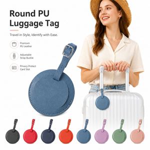 ป้ายติดกระเป๋าเดินทางหนัง PU ทรงกลม หลายสี สกรีนโลโก้ได้ พร้อมช่องใส่บัตร ป้องกันข้อมูลส่วนตัว สายปรับได้ - Product Image 1