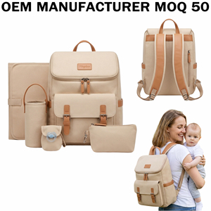 Sac à langer en toile et PU OEM/ODM pour <span class=keywords><strong>maternité</strong></span>, avec étui à sucette et sac isotherme pour les essentiels de soins pour bébé - Product Image 1