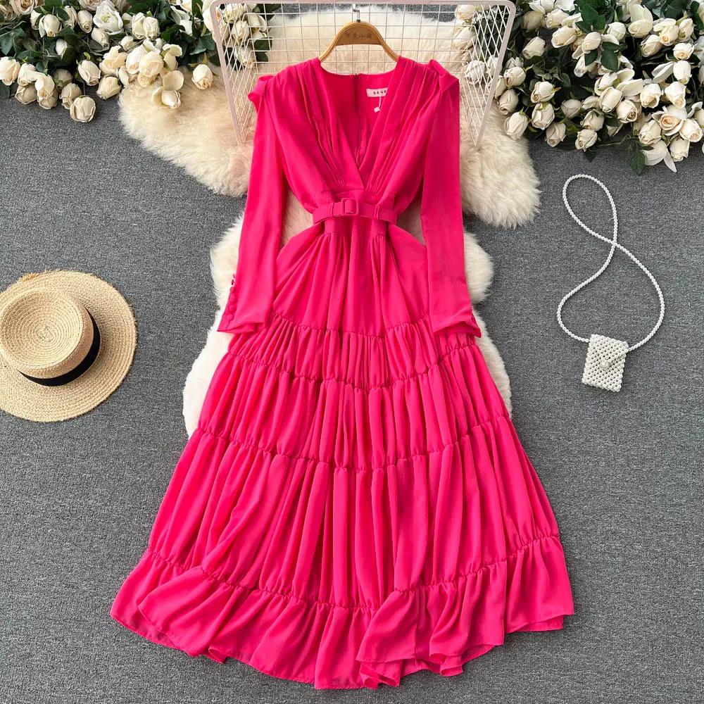 Gorgeous Solid Ruffles Long Dress Belt Buttons Long Sleeves V-neck Dress Women Beautiful Evening Midi Dress