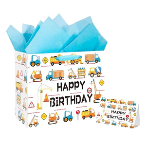 Sac cadeau en papier d'anniversaire à thème dessin animé, sac à friandises pour fête de garçons sur le thème de la construction, sac en papier imprimé Joyeux Anniversaire pour cadeaux de fête - Product Image 1