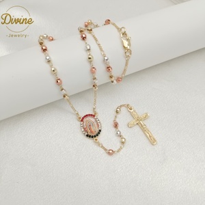 时尚批发热卖念珠项链黄铜14k三色念珠项链圣母玛利亚圣裘德念珠项链 - Product Image 1
