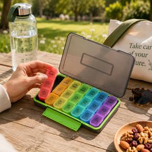 Organisateur de pilules portable hebdomadaire, 7 jours, 3 fois par jour, matin, après-midi, soir, boîte à pilules avec étui extérieur sécurisé pour les vitamines et les compléments alimentaires - Product Image 2