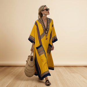 Robe Kaftan Maxi Brodé Jaune Col V Manches Courtes Coupe Ample Respirante Tissée Décontractée d'Été avec Poches - Product Image 2