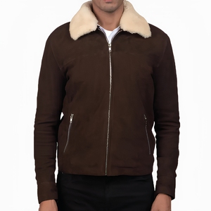 Brown <b>Suede</b> Bomber <b>Jacket</b> With Faux Fur Collar Zipper Closure Winter Unisax Thick Windproof Coat Regular Fit Full Sleeve <b>jacket</b> - Product Image 5