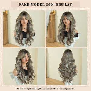 Peluca de Cabello Sintético Largo y Rizado de 28 Pulgadas, Color Castaño Ceniza con Reflejos Plateados, con Flequillo Cortina, Fibra Resistente al Calor, Aspecto Natural Mate - Product Image 5