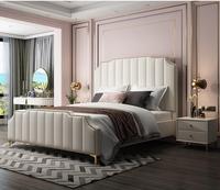 Juego de Muebles de Dormitorio con Cabecera Dorada de Lujo, Cama de Cuero Moderna de Estilo Europeo, Cama Doble King Size y Queen Size de Cuero Suave