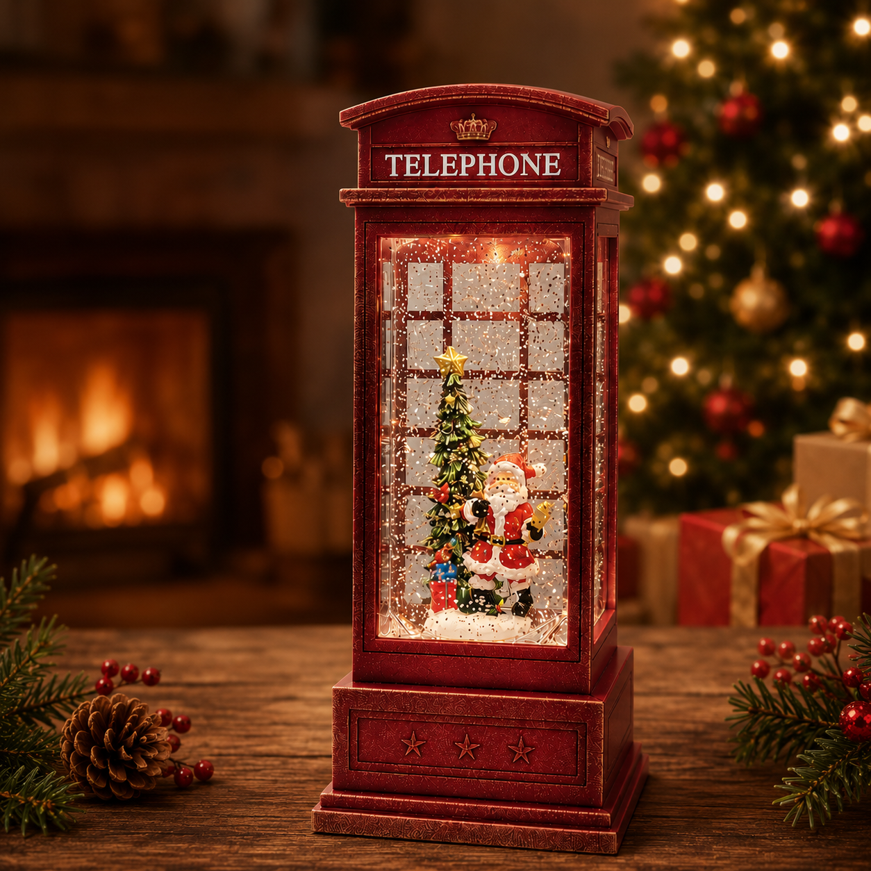 Festival Ornament Battery-Operated LED Water Lantern Glittering Santa Musical Phone Booth Holiday Gifts