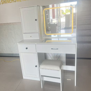 Bureau de maquillage en bois blanc personnalisé avec miroir LED et armoires de rangement - Product Image 1