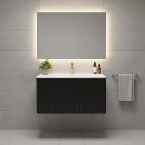 Meuble-lavabo de salle de bain moderne 30 pouces en chêne noir brossé rayé avec vasque en céramique blanche monobloc pré-assemblé mural - Product Image 2