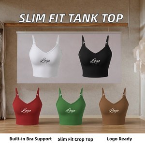 Débardeur côtelé respirant et écologique pour femme, 95 % coton, avec soutien-gorge intégré, bretelles spaghetti, coupe courte, col en V, ajusté, idéal pour l'été - Product Image 2