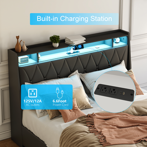 Cadre de lit souple réglable pleine grandeur avec tête de lit ergonomique, construction en MDF, prises de charge et éclairage LED - Product Image 6