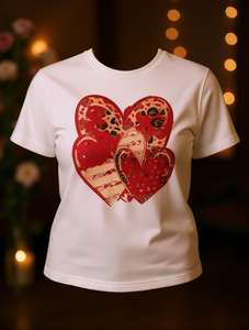T-shirt retrò da donna con stampa leopardata a cuori, manica corta, girocollo, 100% cotone jersey, morbida, casual, per San Valentino e tutti i giorni - Product Image 2