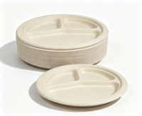 Assiettes jetables rondes en pulpe de bagasse de canne à sucre, 3 compartiments, 9 pouces, qualité alimentaire, personnalisables avec logo, prix usine