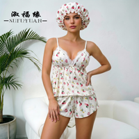 P677 Ensemble de pyjama court en satin sexy pour femme, col en V, imprimé, bretelles spaghetti, avec bonnet de douche, vente en gros