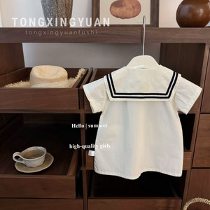 Child Star Circle Baby Girls Short Sleeve Sailor Collar Shirt With Bear Bow Breathable Summer Top - Product Image 2