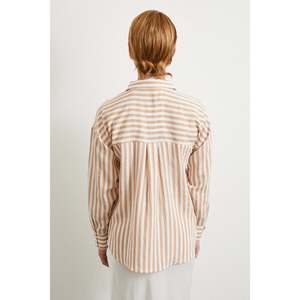 Chemise en lin rayée camel pour femme, décontractée, à boutons, pour tous les jours - Product Image 1