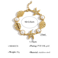 Bracelet en acier inoxydable plaqué or 18 carats avec étoile de mer, coquillage et perle pour femme, breloque CZ thème océan et plage, vente en gros OEM