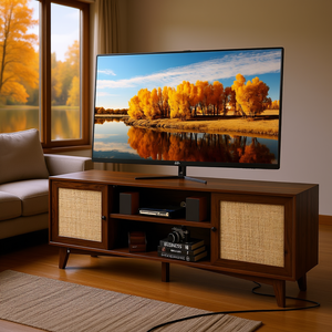 Mueble de TV moderno de 66 pulgadas con puerta de ratán, centro de entretenimiento con enchufe integrado, gabinete de almacenamiento con 2 estantes, nogal, para sala de estar. - Product Image 2