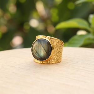 Natural Fire Labradorite Round Stone <b>Ring</b> Vintage 18k <b>Gold</b> Plated Solid Brass <b>Cocktail</b> <b>Rings</b> Unisex Fashion Jewelry Accessories - Product Image 5