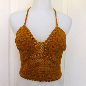 ชุดครอปถักโครเชต์สีน้ำตาลสำหรับฤดูร้อน,บิกินี่ชายหาดแฟชั่นผู้หญิงสำหรับฤดูร้อนเสื้อครอป Macrame แฮนด์เมด - Product Image 1