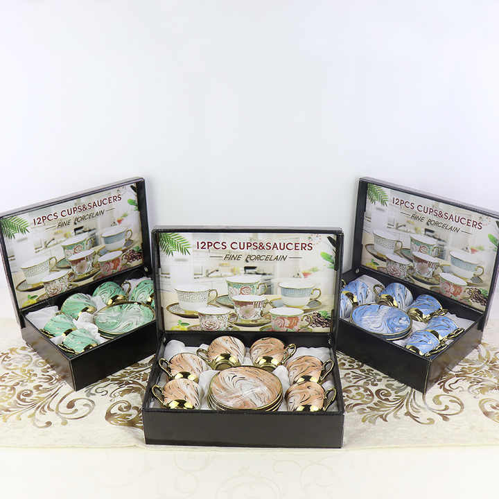 European Style Ceramic Coffee Cup Plate Set Middle East Gift Electroplating 6 Cups 6 Plates Gift Box Sales Activity Cup Plate