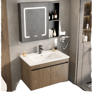 Modern Bathroom <b>Vanity</b> <b>With</b> Led <b>Mirror</b> Ceramic Basin 60 In Floor Standing Dark Wood Finish Contemporary Design - Product Image 3