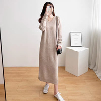 Nouvelle Robe Pull Femme Hiver Col V Bretelles Fines Longueur Mi-Mollet Ample Droite Tricotée Nylon/Coton