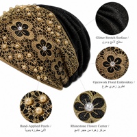 Superbe bonnet en dentelle florale ajourée, orné à la main de perles et de strass, turban musulman, hijab islamique