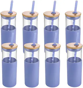 유리 텀블러 유리 물병 빨대 실리콘 보호 슬리브 대나무 뚜껑 BPA 무료 아기 실리콘 시피 컵