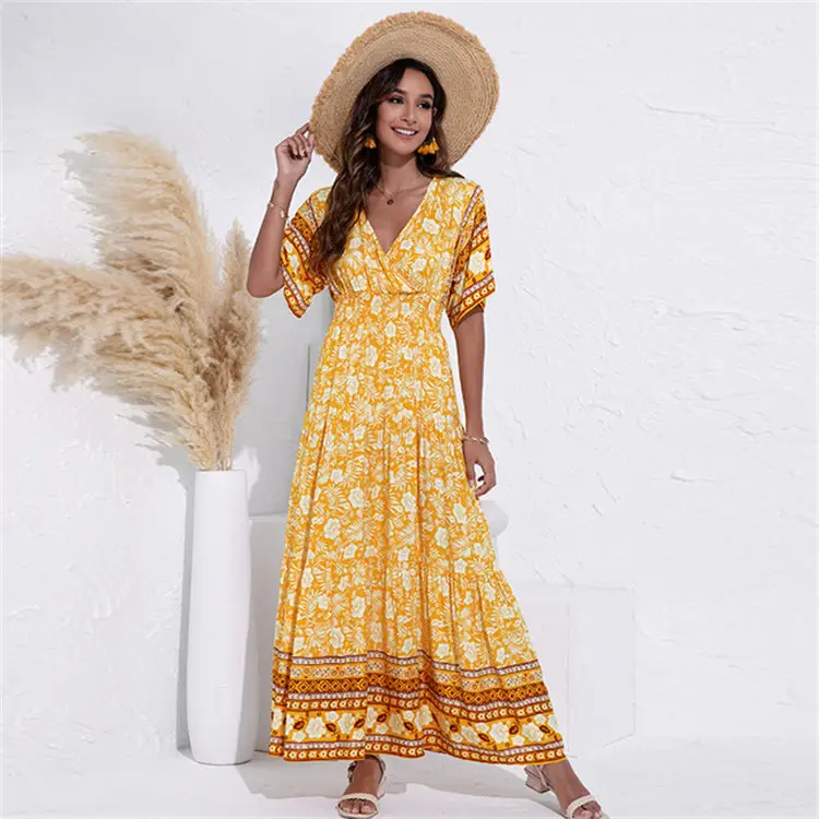 2022 Günstige lässige Frauen Strand Blumen Ethnisches Kleid Kurzarm bedruckte afrikanische Frauen kleider Boho lange Sommerkleider für Frauen