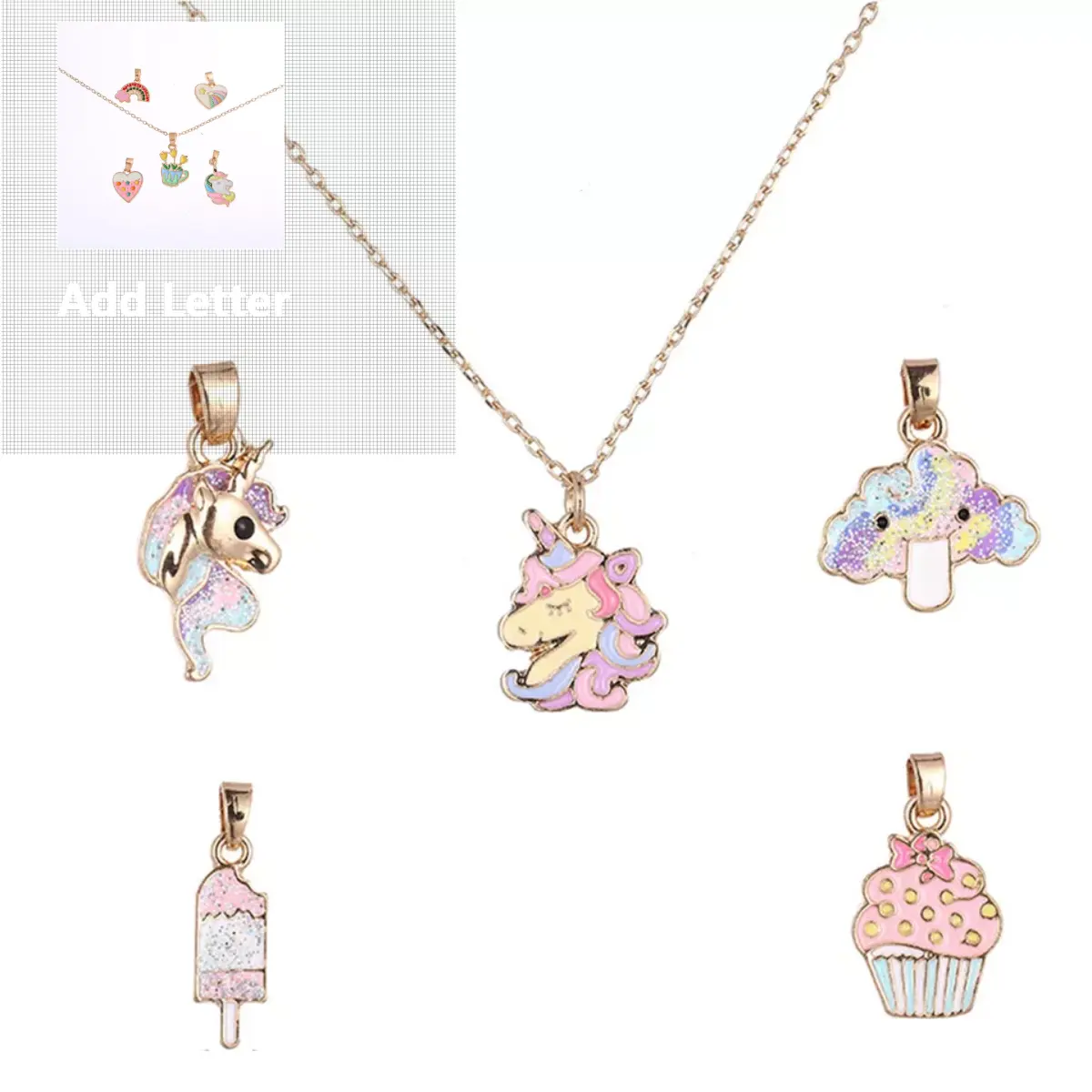 JOJO Wholesale New Fashion 5 Charm in 1 Cute Cartoon Unicorn Handmade Baby Girls KIds Necklace Jewelry