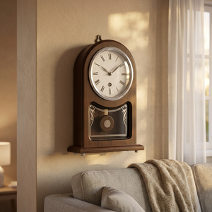 Horloge murale traditionnelle en bois avec pendule, affichage analogique, chiffres romains, forme cintrée, fonctionne à piles, décoration de salon - Product Image 1