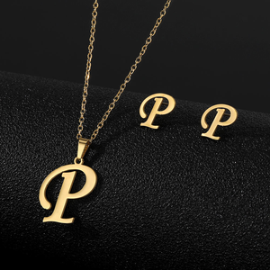 Stainless Steel Gold Plated Initial Letter Pendant <strong>Necklace</strong> Earrings Jewelry Set A-Z Alphabet Trendy Wome - Product Image 5