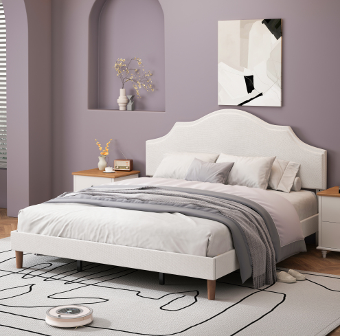 Blanc + Tissu + Lin + Contreplaqué + Bois + King