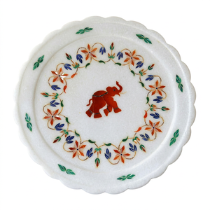 Natural White Marble Inlay Round Elephant Design Luxury Decorative Handmade 10mm Thick Home Decor Gift <b>Plate</b> - Product Image 1