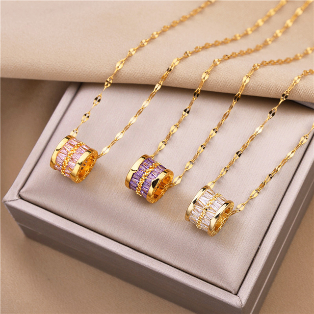 Women's Trendy Stainless Steel Necklace Colorful Zircon Crystal Circle Pendant Simple Fashion Wholesale Jewelry Gift Accessories