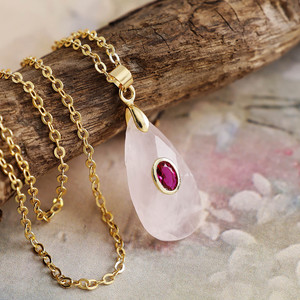 Rose Quartz Teardrop Pendant <b>Necklace</b> With <b>Ruby</b> Inlay Gold Chain Women's Jewelry Gift - Product Image 1