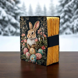 Carnet en cuir vintage 400 pages motif lapin de Pâques, œufs floraux multicolores, reliure cousue, cadeau artistique, par Herb Heritage - Product Image 1