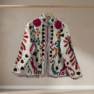 <b>Velvet</b> Mandarin Collar <b>Jacket</b> With Hand Embroidered Geometric Pattern Full Sleeve Autumn Wear <b>Women's</b> Regular Length - Product Image 3