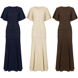 Abito Lungo in <span class=keywords><strong>Maglia</strong></span> con <span class=keywords><strong>Bottoni</strong></span> Decorativi, Stile Francese, Maniche Corte, Collo Tondo, Elegante e Casual per Ufficio - Product Image 6