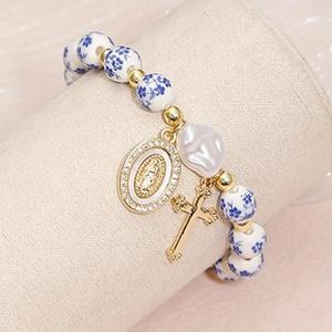 Braccialetto Rosario con Perle in Porcellana Blu e Bianca, Croce della Vergine Maria, Gioielli Religiosi per Preghiera - Product Image 2