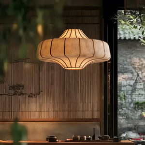 Lustre de style chinois E27 à six têtes, luminaire suspendu rond pour salle à manger, décoration intérieure, éclairage Zen Wabi Sabi - Product Image 1