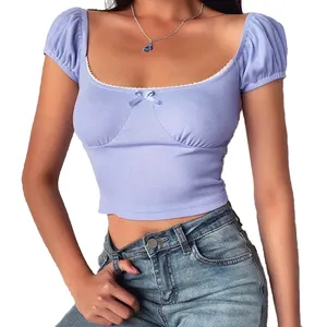 Sexy en blanco acanalado Material Tight Dark Purple camiseta Deep Scoop Neck Crop camiseta para mujer