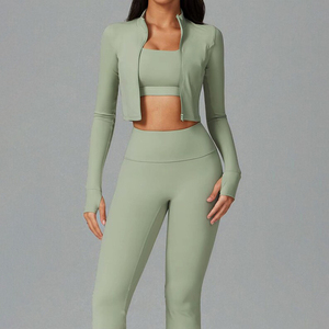 Conjunto de Yoga de 3 Piezas FH con Sensación de Segunda Piel para Mujer: Top Camiseta, Chaqueta de Manga Larga y Leggings de Cintura Alta, Suave, Elástico y Transpirable para Gimnasio y Deportes - Product Image 1