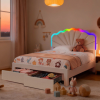 Gemütlicher Teddy-Bettrahmen mit USB-Ladegerät, Musik-Sync RGB-Beleuchtung und Aufbewahrungskörben für Einzel-, Doppel- und Queen-Size-Betten in Rosa und Weiß