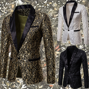 Costume de mariage <span class=keywords><strong>bleu</strong></span> <span class=keywords><strong>marine</strong></span> à motif floral en laine peignée respirante avec fermeture éclair pour <span class=keywords><strong>homme</strong></span>, coupe ajustée, <span class=keywords><strong>blazer</strong></span> de marié à simple boutonnage - Product Image 2