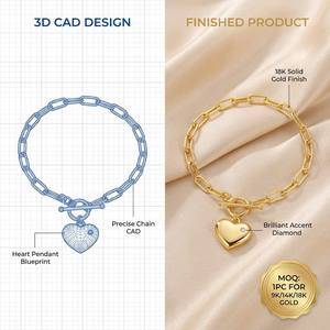 Pulsera Radiante de Oro Sólido 9K/14K/18K con Motivo de Corazón y Eslabones Tipo Clip, Cadena Sofisticada con Diamante de Laboratorio, Ideal para Regalo - Product Image 1