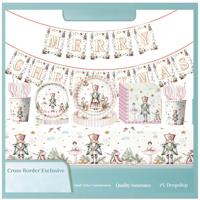 Ensemble de vaisselle jetable de Noël Casse-Noisette rose aquarelle : Assiettes, gobelets, pailles, serviettes, boîte à bonbons de fête, fournitures de décoration