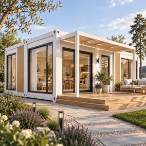 Casa Contenedor Moderna con Paredes de Vidrio y Terraza de Madera, Diseño Rectangular para Espacio de Vivienda - Product Image 1